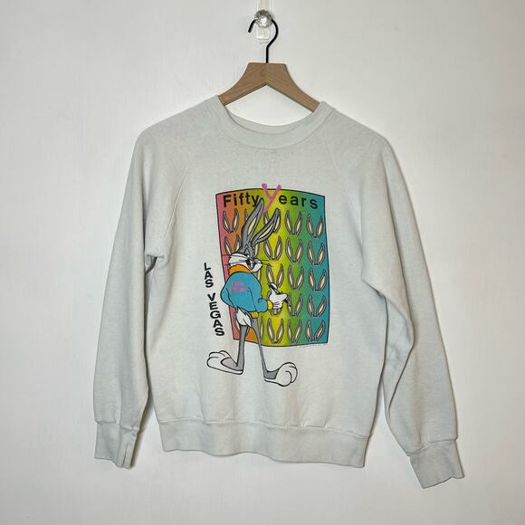 Vintage Bugs Bunny Crewneck Sweatshirt Small Las Vegas White 80s Cartoons - Picture 1 of 4